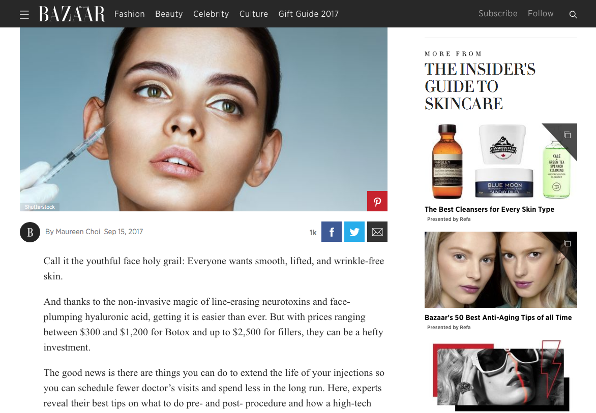 Harpers Bazaar article entitled How Your At-Home Routine Can Amplify Your Injectables